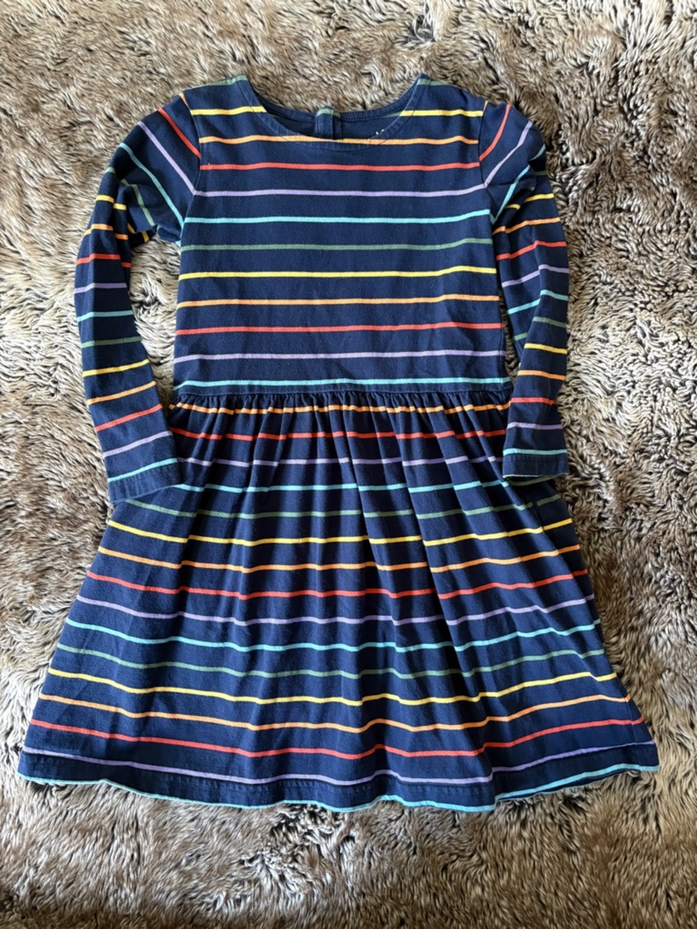 Primary Long-sleeve Pocket Dress in Navy with Rainbow Stripes